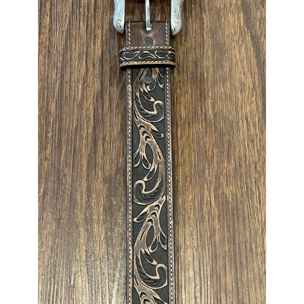Roper Tooled Dark Brown Mens 34 Belt With Replaceable Silver Buckle - Picture 3 of 12
